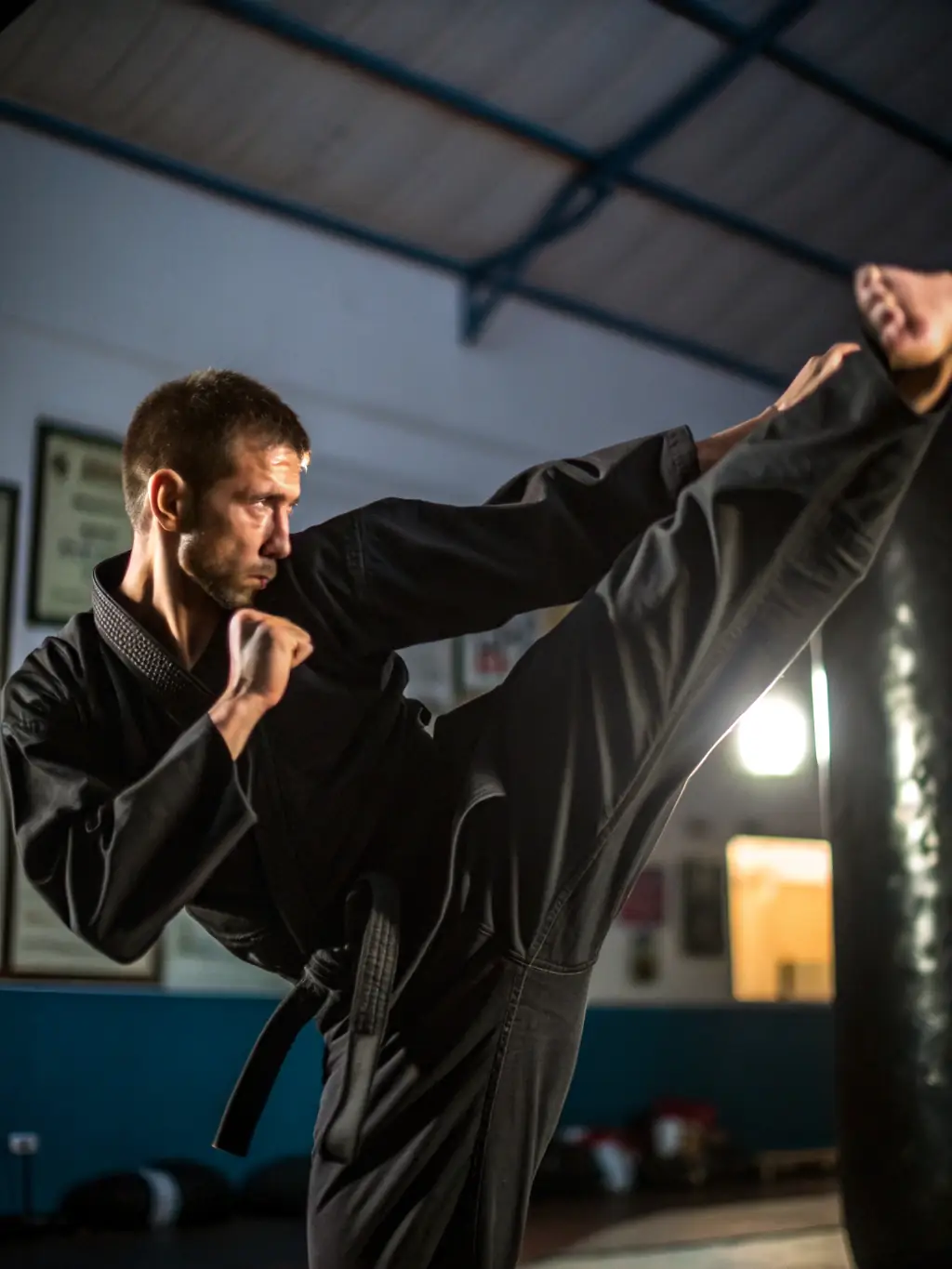 A person performing a karate kick with focus and determination, showcasing the physical fitness aspect of karate training.