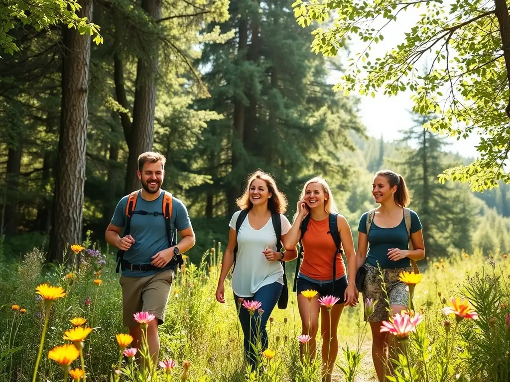 A scenic image of a group participating in an outdoor leisure activity organized by A.L.A.S.K.A., such as a hiking trip or a team-building exercise in nature.