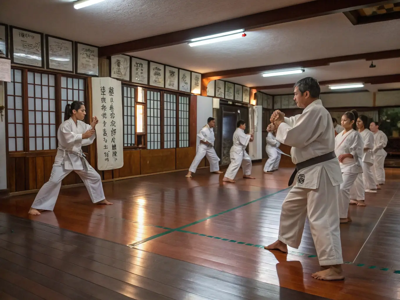 A dynamic shot of a karate class in session, showcasing students of various ages and skill levels practicing a synchronized kata under the guidance of a sensei. The dojo is well-lit and features traditional Japanese decor.