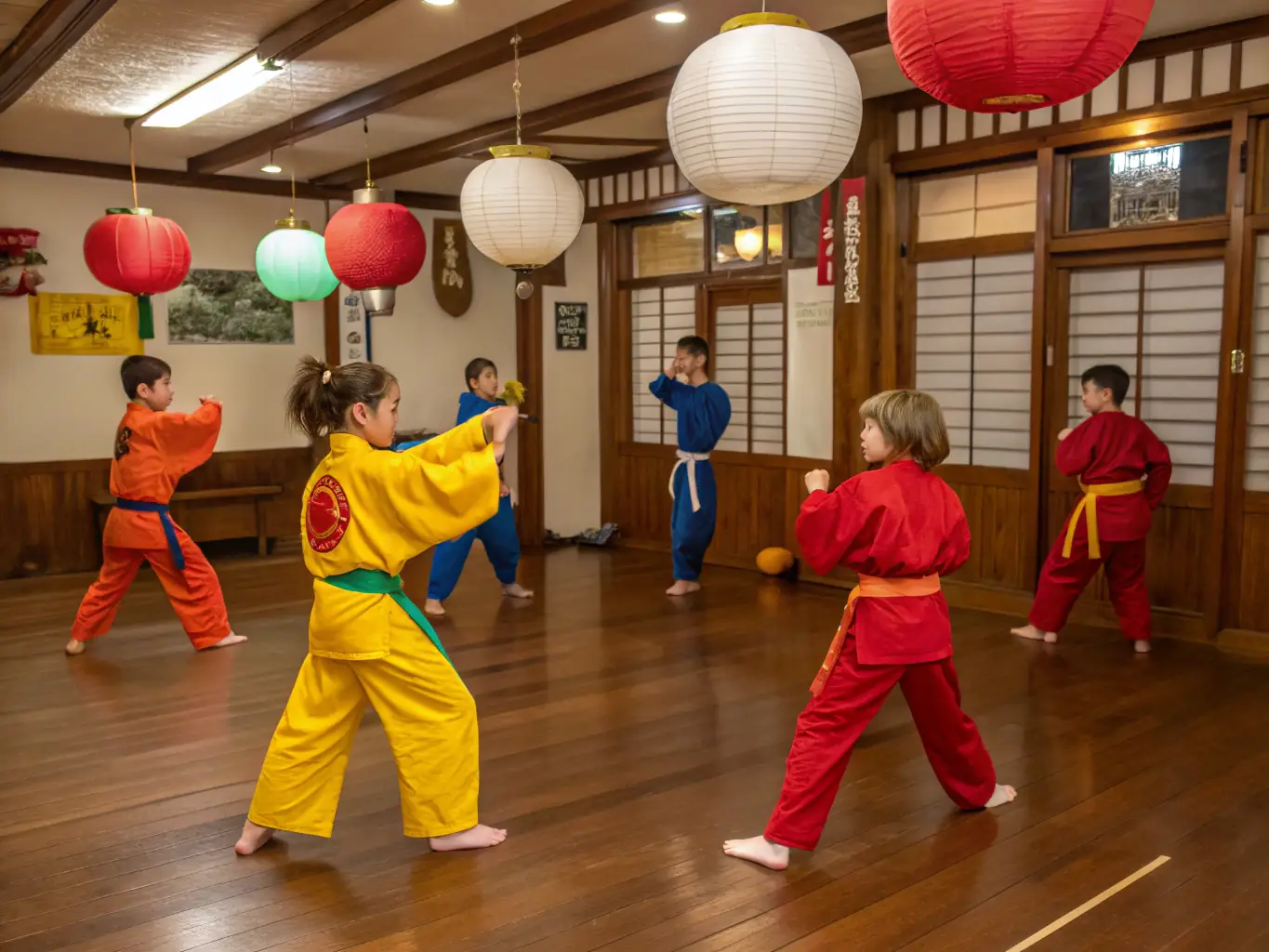 A group of children participating in a fun and engaging animation program, learning basic karate moves through playful activities. The setting is a colorful and child-friendly space.